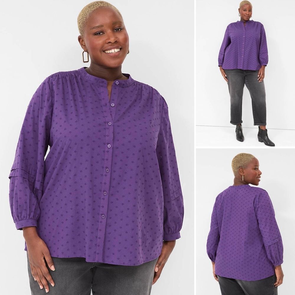 LANE BRYANT Blouse Bracelet-Sleeve Button-Front 100% Textured Cotton Crew Neck